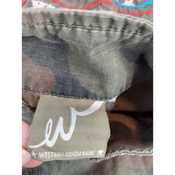 Western Denim Bank Jeans Co Jacket Green Camo Military Embroidered Studded Med - Picture 14 of 15